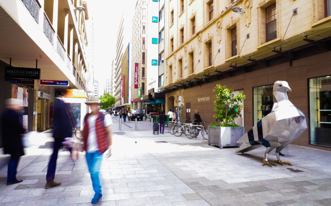 Gawler Place street view, showing multi-storey buildings, pigeon sculpture and pedestrians.