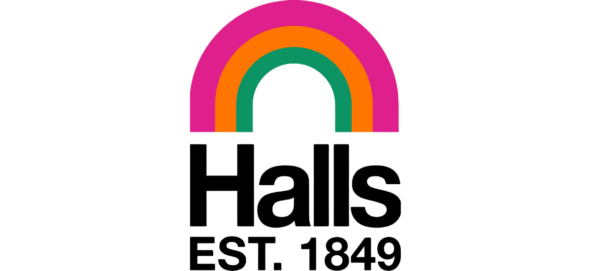 Halls logo, showing a retro-coloured rainbow in pink, orange and green.