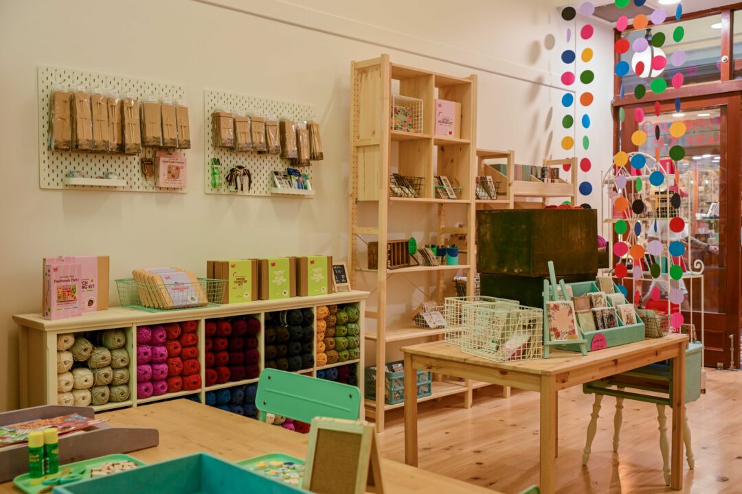 Wide shot of PAPER SCISSORS WOOL store in Adelaide Arcade.