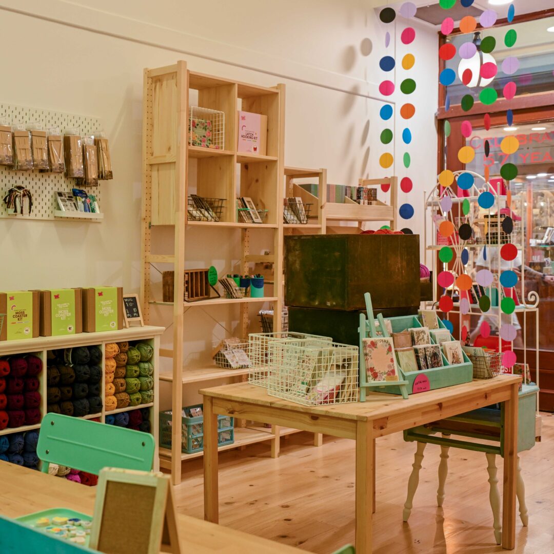 Wide shot of PAPER SCISSORS WOOL store in Adelaide Arcade.